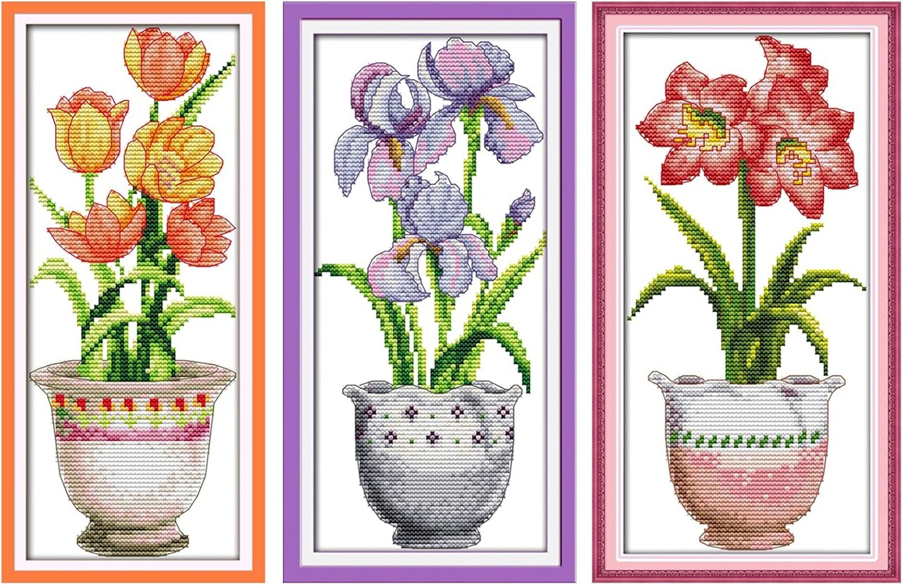 3-Pack Flower Cross Stitch Kit for Adults – 11CT Pre-Printed DIY Embroidery Set, 7.5×15 Inch, Beginner-Friendly Needlepoint with Threads & Instructions